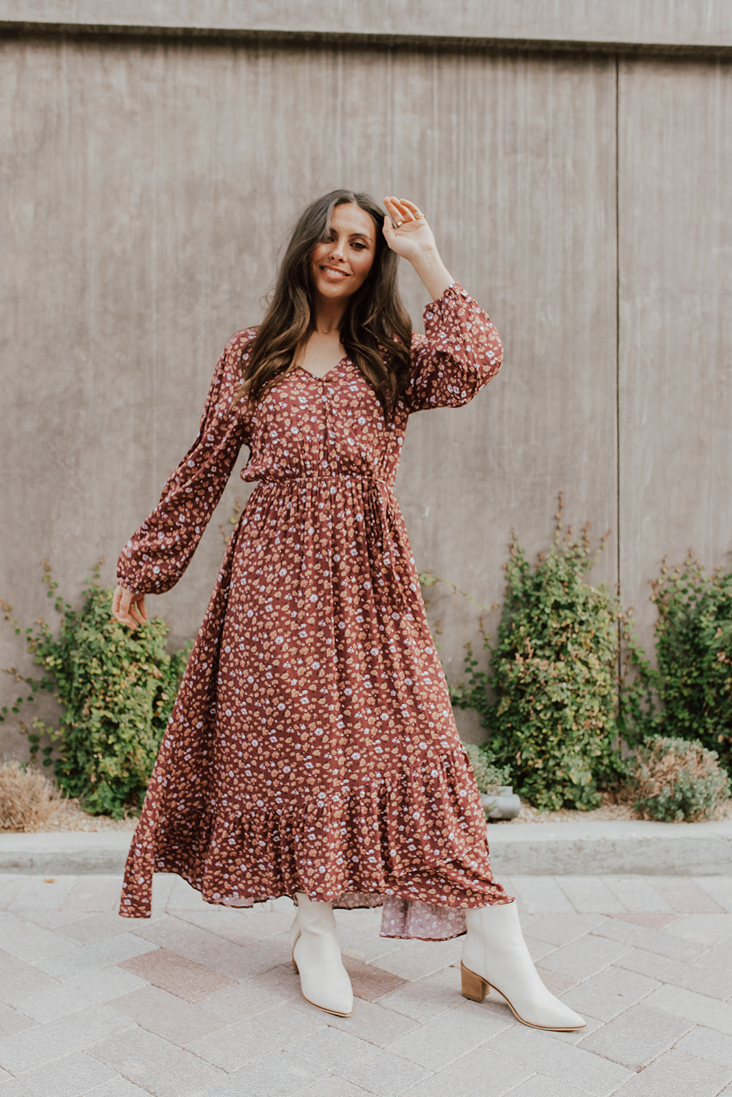 the raquel floral maxi dress in red bean